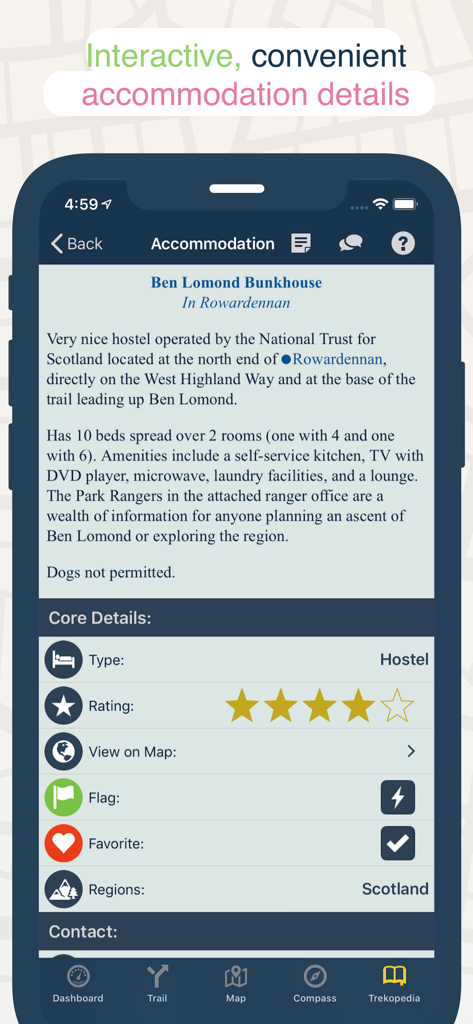 Smartphone screen showing detailed information for a hostel on a long distance hiking trail including ratings and amenities.