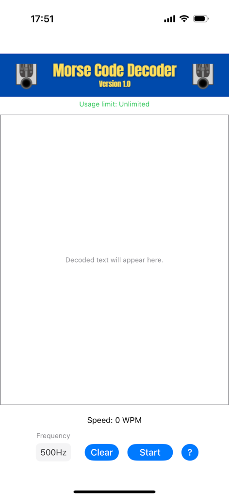 CW Decoder - CWデコーダーアプリのインターフェース。モールス信号デコードのコントロールを表示しています