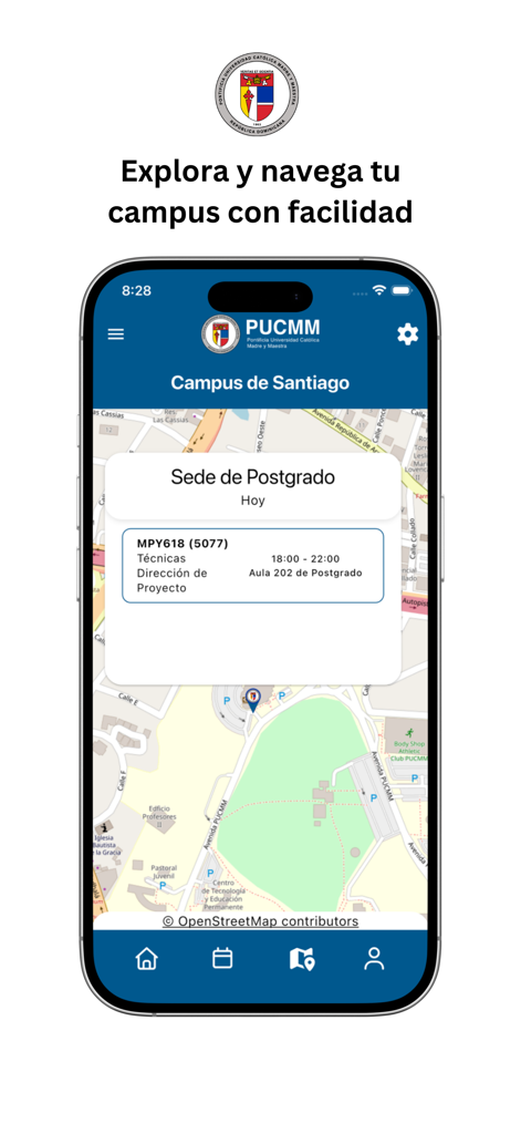 PUCMM - PUCMM mobile app interface showing a map of the Santiago campus with a classroom location details card