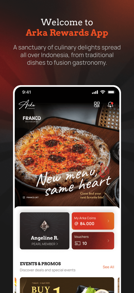 Arka Rewards - Arka Rewards app interface showing Pearl Member status and fine dining promotions