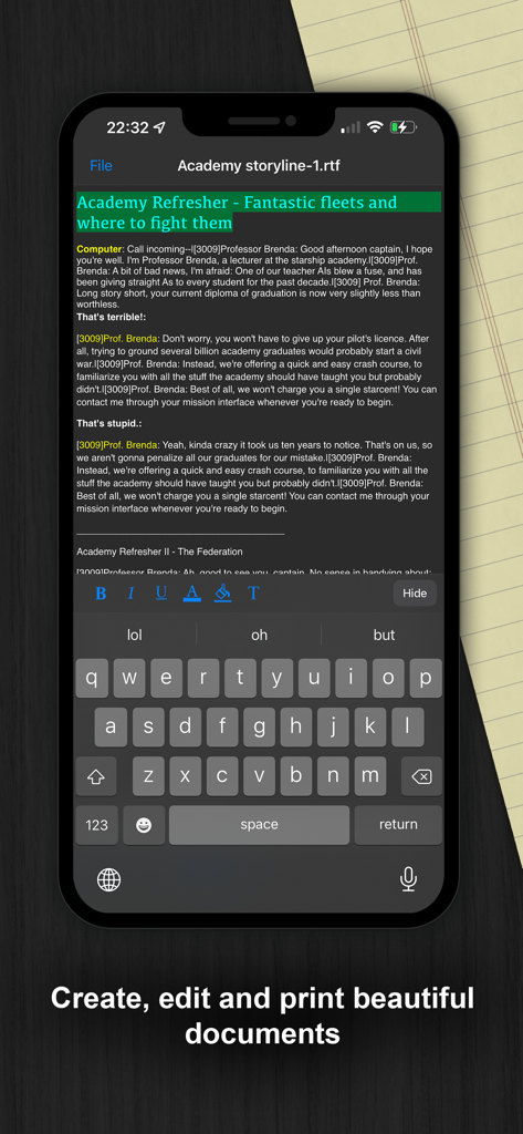 ダークモードのDocuments Proアプリのモバイルテキスト編集インターフェイス