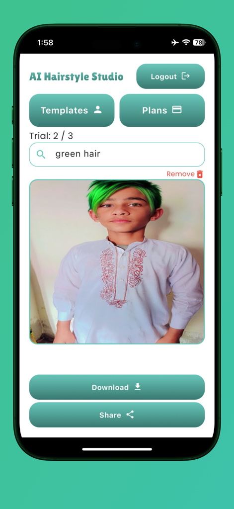 Bald Filter: AI Hairstyle - AI Hairstyle Studio app interface showing a virtual green hair color try on result