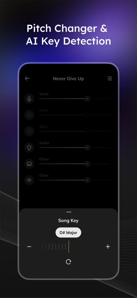Vocal Remover - Musiclab - MusiclabアプリのピッチチェンジャーとAIキー検出機能を表示するインターフェース。