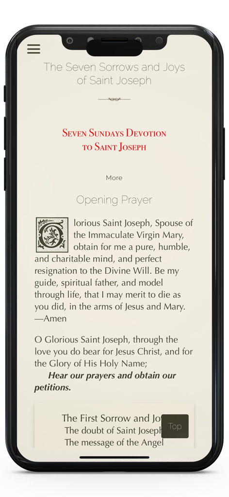 PrayersPlus의 모바일 앱 화면으로, 성 요셉에 대한 7번의 일요일 신심과 첫 기도 및 전통적인 타이포그래피를 표시합니다.