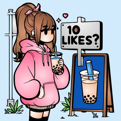 girl with oversized hoodie drinking boba and she has a high ponytail with a sign that says 10likes?