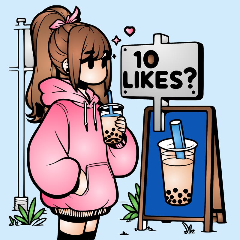 girl with oversized hoodie drinking boba and she has a high ponytail with a sign that says 10likes?