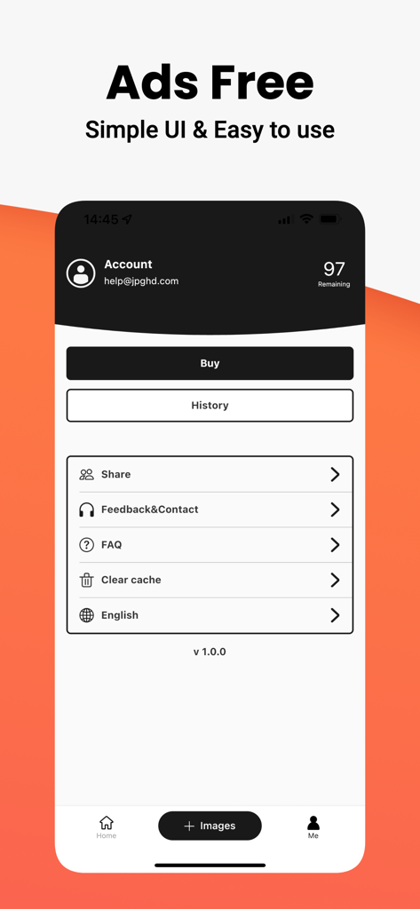 jpgHD AI Photo Restoration - The settings menu of the jpgHD AI Photo Restoration app showing account details and support options