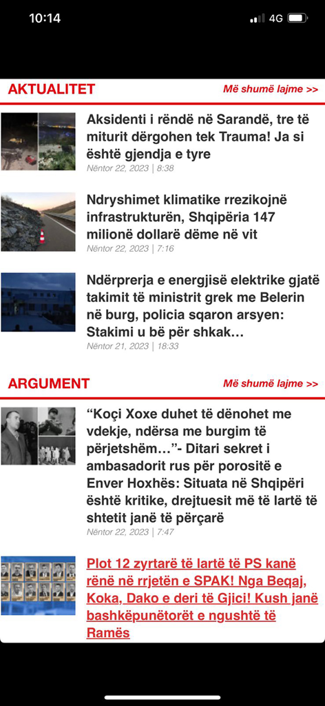 Gazeta Panorama mobile app interface showing current news headlines and categories in Albanian