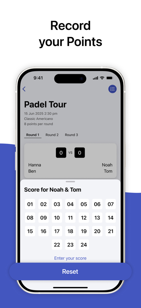 Interface do aplicativo móvel mostrando uma tela de inserção de placar para uma partida de torneio Padel Americano.