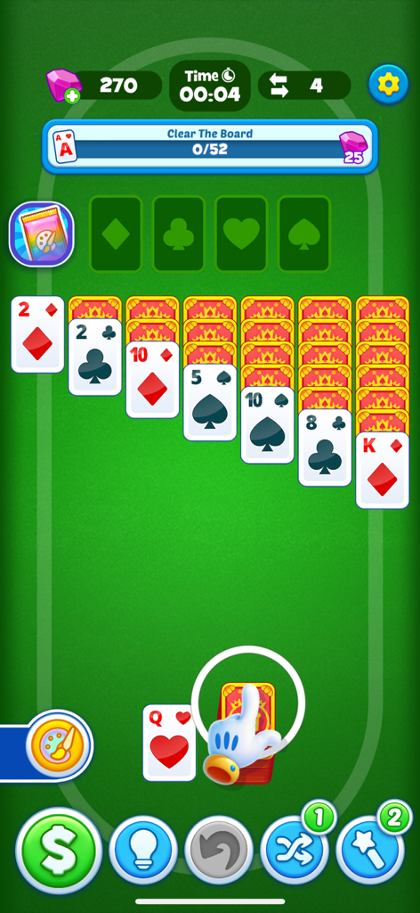 Win Money Solitaire - Mobile gameplay of Win Money Solitaire showing cards laid out on a green background with game boosters.