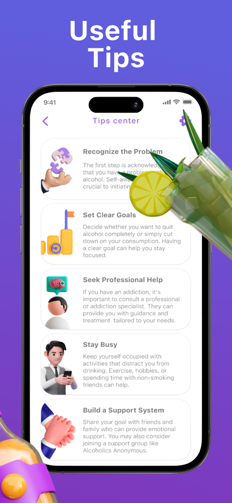 Sober Time app interface showing a list of sobriety tips including setting clear goals and building a support system