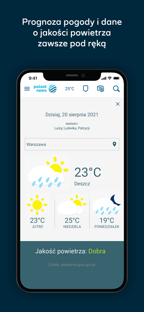 Polsat News - Polsat News app interface showing weather forecast for Warsaw and air quality information.