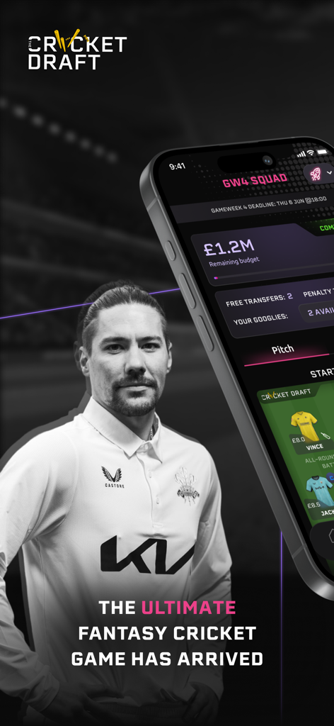 The Cricket Draft - Interface de l'application mobile The Cricket Draft montrant la gestion de l'équipe et du budget de cricket fantasy.