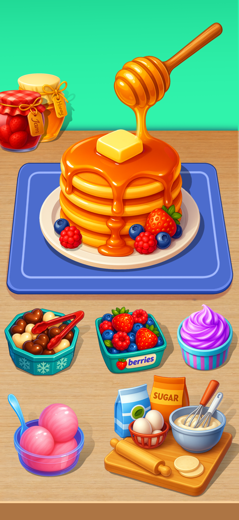 Food Voyage: Fun Cooking Game - 蜂蜜をかけたパンケーキの山と様々な焼き材料が特徴のカラフルなゲームグラフィック