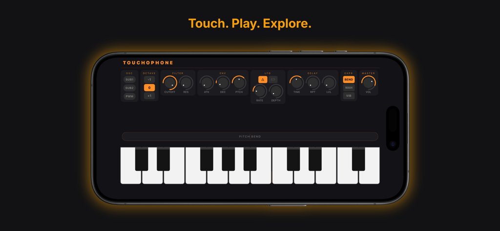Touchophone - Synthesizer - Touchophone synthesizer mobile app interface with keyboard and control knobs