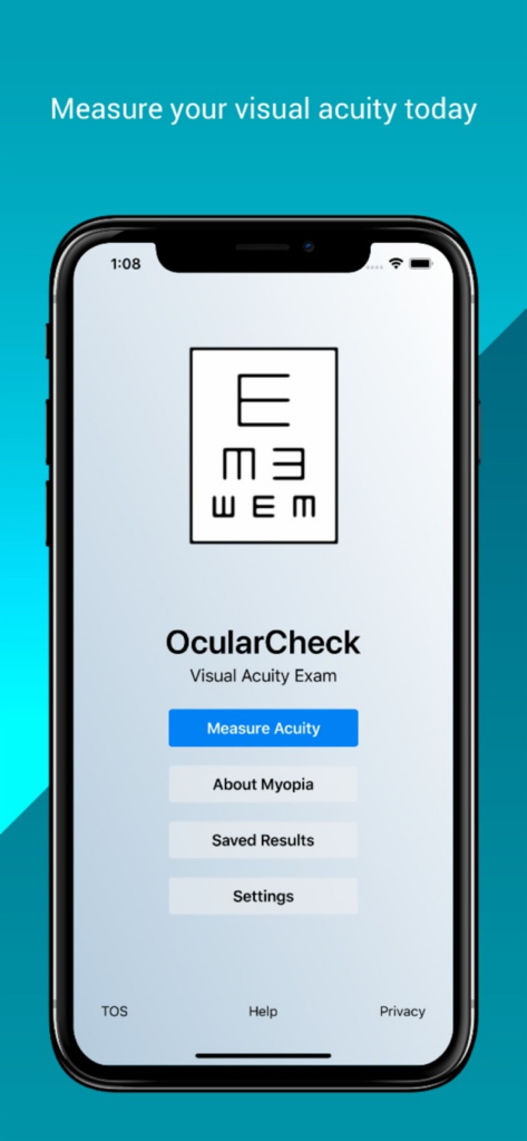 OcularCheck: Acuity Exam - Tela inicial do aplicativo OcularCheck mostrando o menu principal com um ícone de gráfico de olho Tumbling E e um botão Medir Acuidade