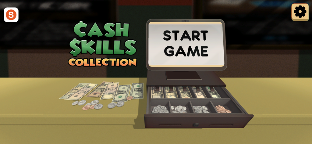 Cash Skills Collection - Cash Skills Collection game start screen featuring a cash register with bills and coins.