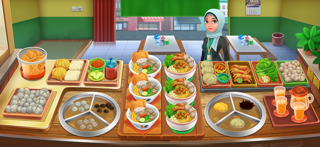 Selera Nusantara - Colorful kitchen counter in Selera Nusantara mobile game featuring authentic Indonesian cuisine and chef character