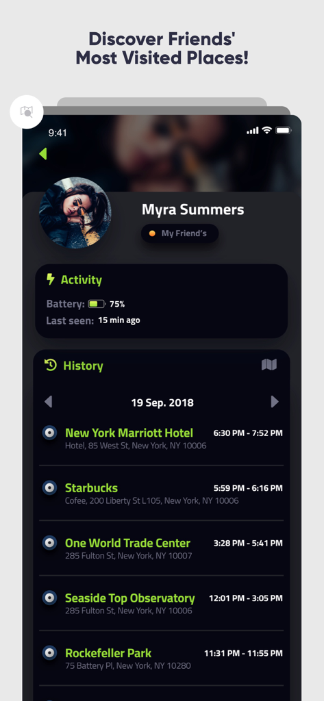 Placeter - スマートフォンの画面に、Placeterアプリと、友人の詳細な位置情報履歴とバッテリー残量が表示されている