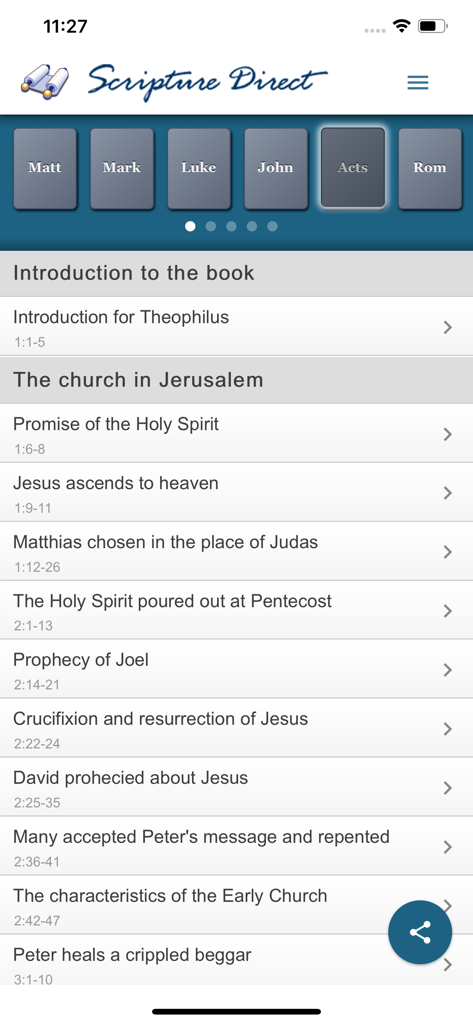ScriptureDirect - Table of contents for the Book of Acts in the ScriptureDirect interlinear Bible app showing verse divisions.