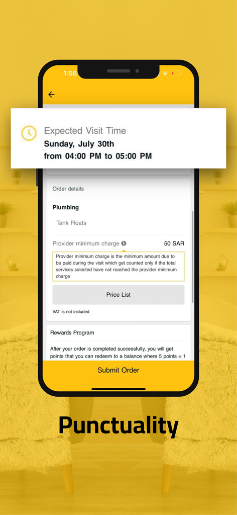 B8ak بيتك - Home Services App - Zusammenfassungsbildschirm der B8ak-Hausdienstleistungs-App mit voraussichtlicher Besuchszeit und Details zum Klempnerservice