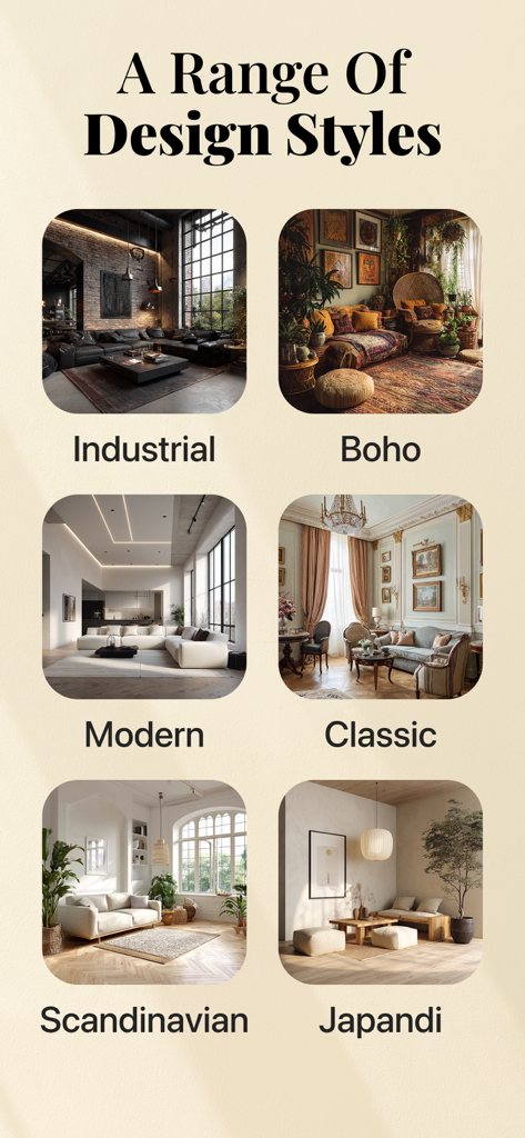 AI Home: Interior AI Design - A grid showing various interior design styles like Industrial Boho Modern Classic Scandinavian and Japandi