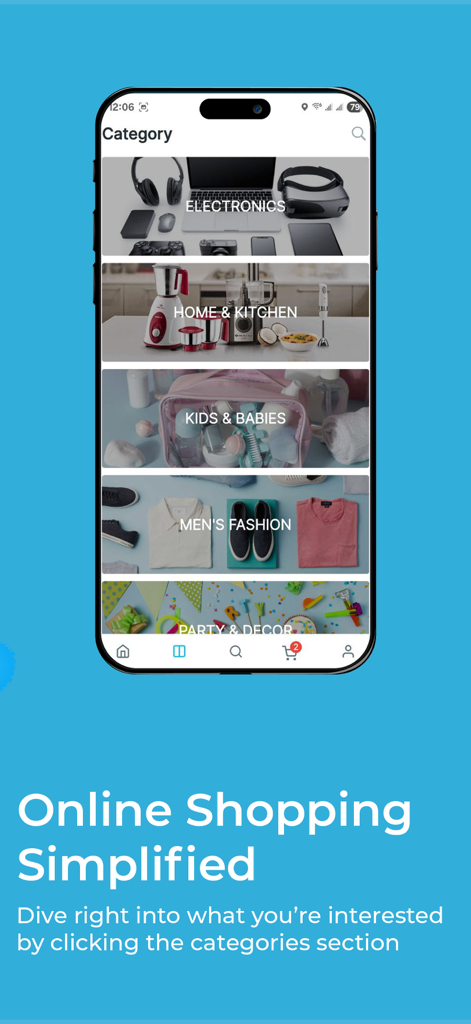 Brundo Shopping - Ethiopia - Brundo Shopping app interface showing product categories for electronics home and fashion