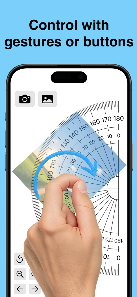 Smart Protractor - Una mano utilizando un gesto de rotación para controlar un transportador digital superpuesto en una imagen en una pantalla de iPhone.