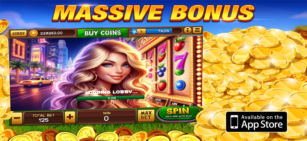 Golden Club 777 casino game loading screen featuring a blonde character and piles of gold coins with a massive bonus headline
