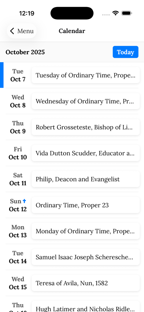 electronic Common Prayer - Liturgical calendar screen in the electronic Common Prayer app showing Episcopal holy days and ordinary time