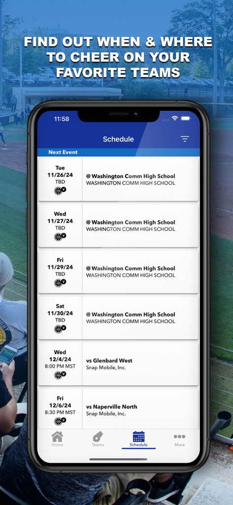 Snap! Mobile - Schermata dell'app Snap Mobile che mostra il calendario delle partite di una squadra del liceo con date e luoghi.