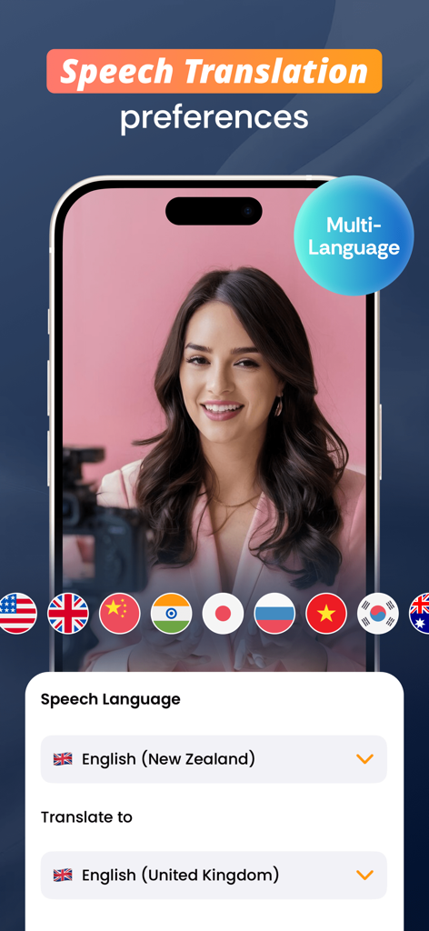 Captions Maker: Video Subtitle - 多言語オプションと動画キャプション用の国旗が表示された音声翻訳設定を示すインターフェース。