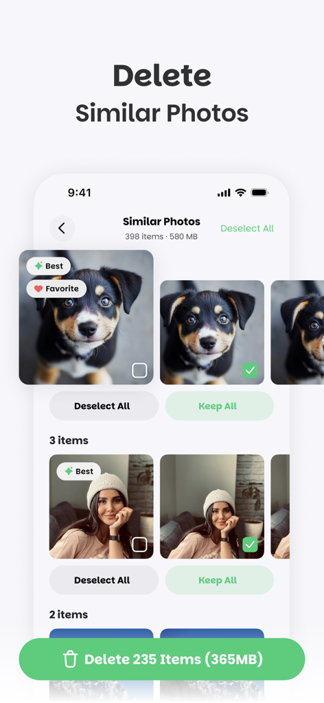 iPhone 저장 공간 확보를 위해 유사한 사진을 삭제하는 Deep Cleaner 앱 인터페이스