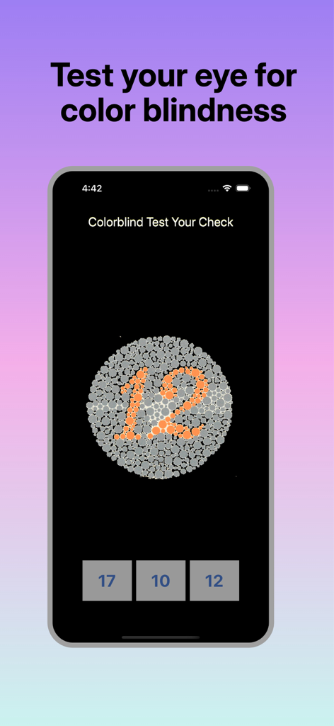 Mobile app interface displaying an Ishihara color test plate with the number twelve and multiple choice buttons