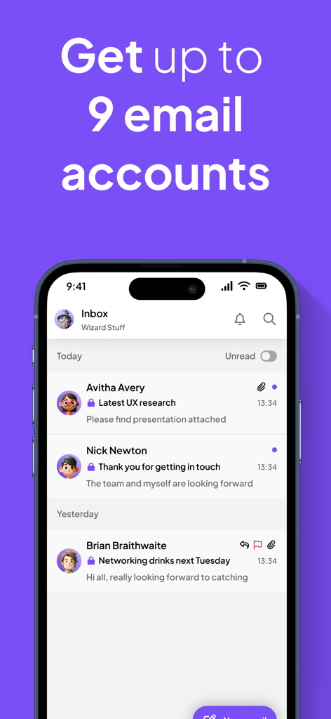Screenshot of the MySudo app interface showing a unified inbox for multiple email accounts