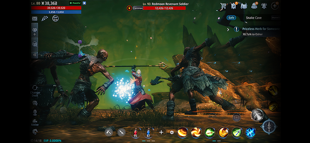 A warrior character fighting Redmoon Revenant Soldiers in the MIR4 mobile game.