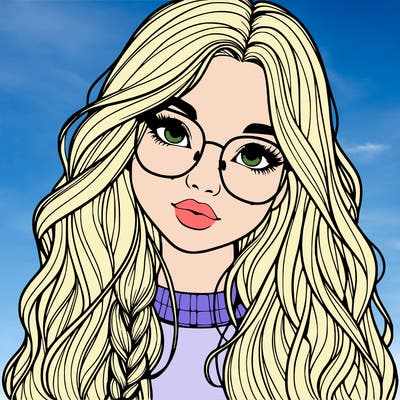 girl with long hair and freckles and glasses realistic
