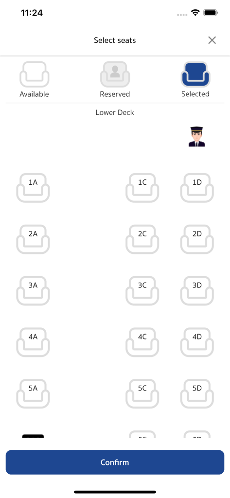 Interface of the Cherdchai Tour app showing bus seat selection for the lower deck