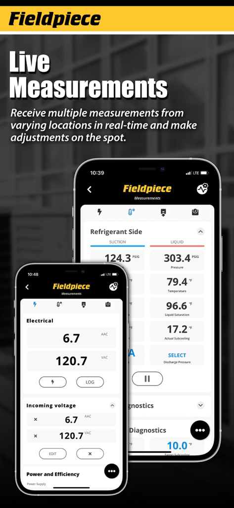 Fieldpiece Job Link app displaying real-time HVAC refrigerant pressure and electrical measurements for technician diagnostics.