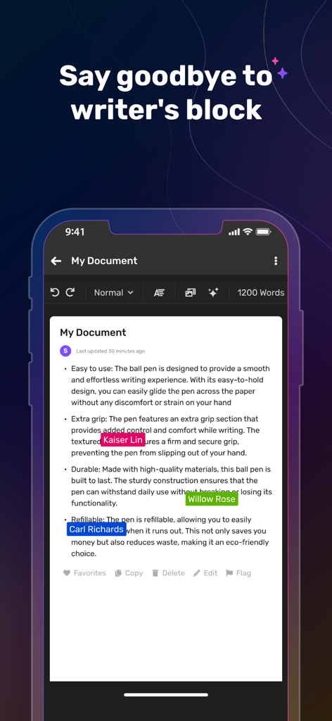 Simplified AI mobile app interface for collaborative writing and document creation