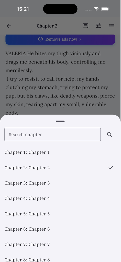 CrushNovels - Reading screen of the CrushNovels app featuring a chapter selection list and a search bar over a romance novel page.
