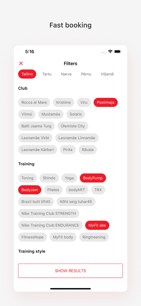 Interface para filtrar e reservar aulas de ginásio por cidade, clube e tipo de treino na aplicação MyFitness.