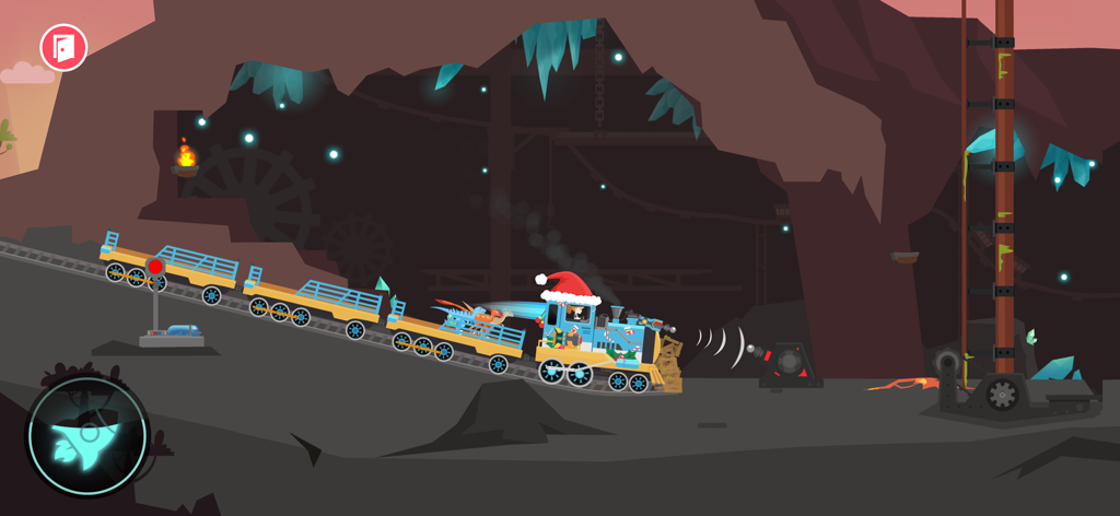 A blue rescue train with a Santa hat carrying dinosaurs through a dark crystal cave.