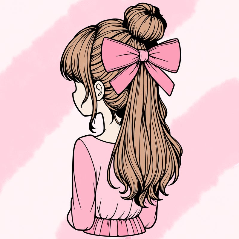 realistic girl  with hip length hair a bun and a big bow on the back of head