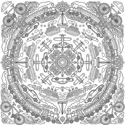 Embark on a creative journey with this captivating vehicle mandala coloring page. Discover a stunning array of cars, trains, planes, and ships intertwined in a beautifully symmetrical design, perfect for a relaxing coloring experience.