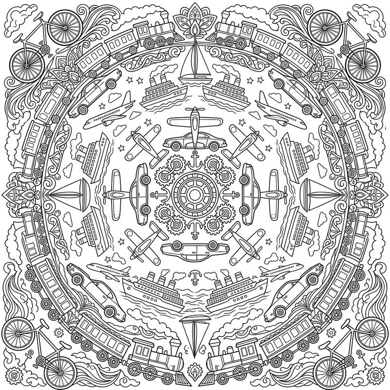 Embark on a creative journey with this captivating vehicle mandala coloring page. Discover a stunning array of cars, trains, planes, and ships intertwined in a beautifully symmetrical design, perfect for a relaxing coloring experience.