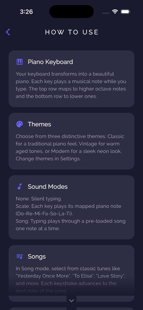 Piano Keyboard - Typing Music - How to use screen for Piano Keyboard app displaying features like themes sound modes and song selection