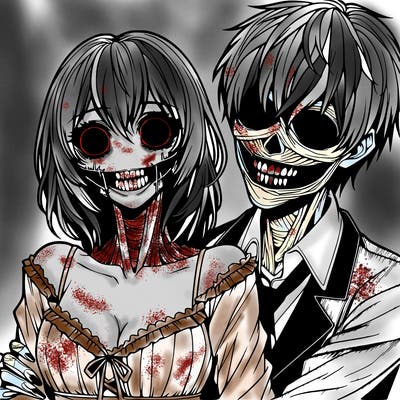 realistic scary creepy girl and boy couple romance horror anime