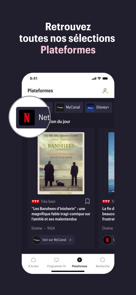 Captura de pantalla de la aplicación Telerama que muestra selecciones de películas y series curadas para plataformas de streaming