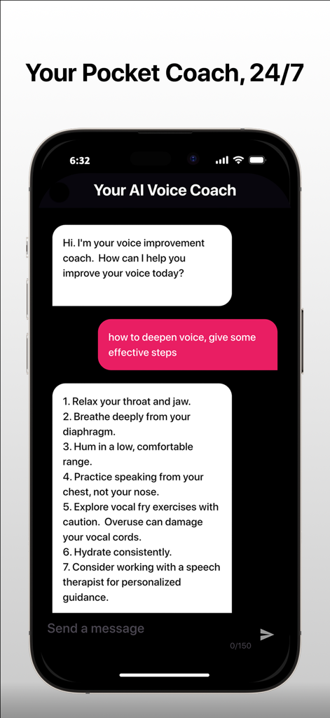 MyTone - Singing & Vocal Coach - AI voice coach chat interface showing tips for deepening your voice